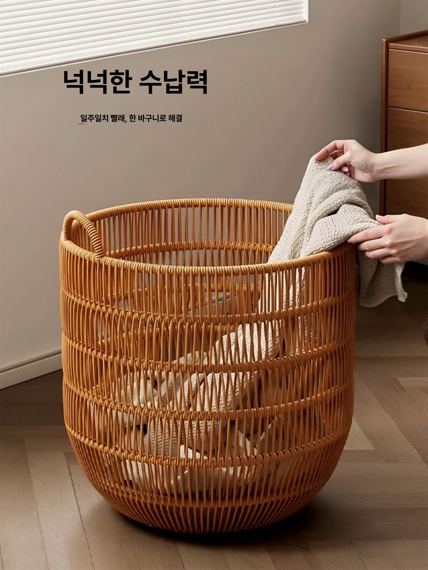 라탄 세탁 수납함 뚜껑형 방수 대용량 틈새정리 사각 햄퍼 옷정리 - 상세 이미지 3