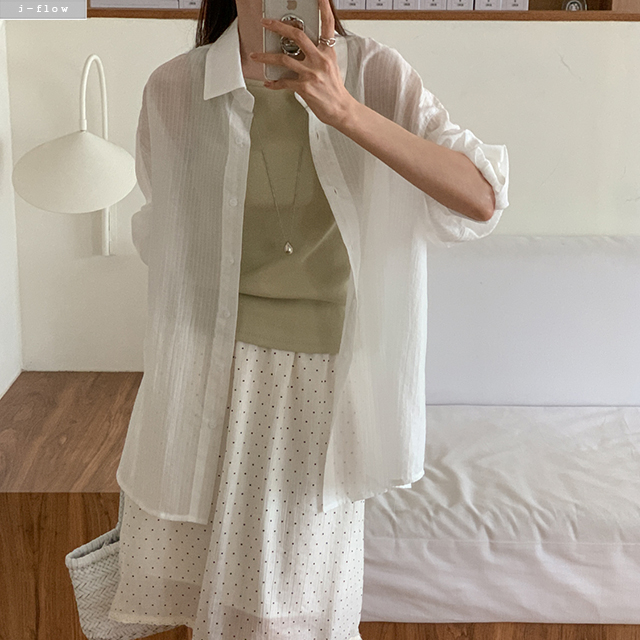 루드 오버핏 스트라이프 시스루 셔츠 4col 여름 봄 얇은 텐셀 루즈핏 선스크린 제이플로우 - 상품 이미지