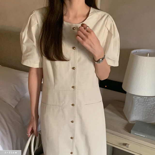 위피 린넨 라운드 금장버튼 맥시 롱 원피스 1col 여름 코튼 퍼프 허리 라인 제이플로우 이미지 8