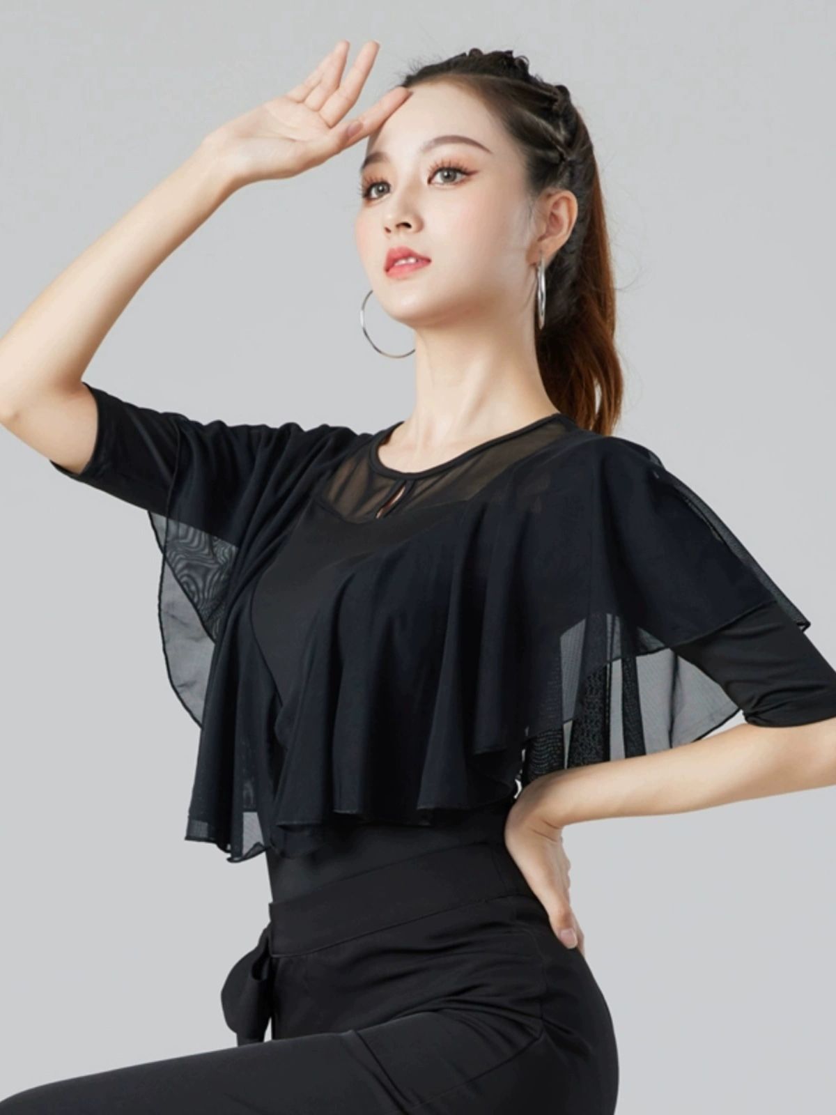 라인댄스 반팔 상의 하늘하늘 프릴 디테일 긴팔 티셔츠 라틴 사교 줌바 밸리 스포츠 댄스복 - 상세 이미지 3
