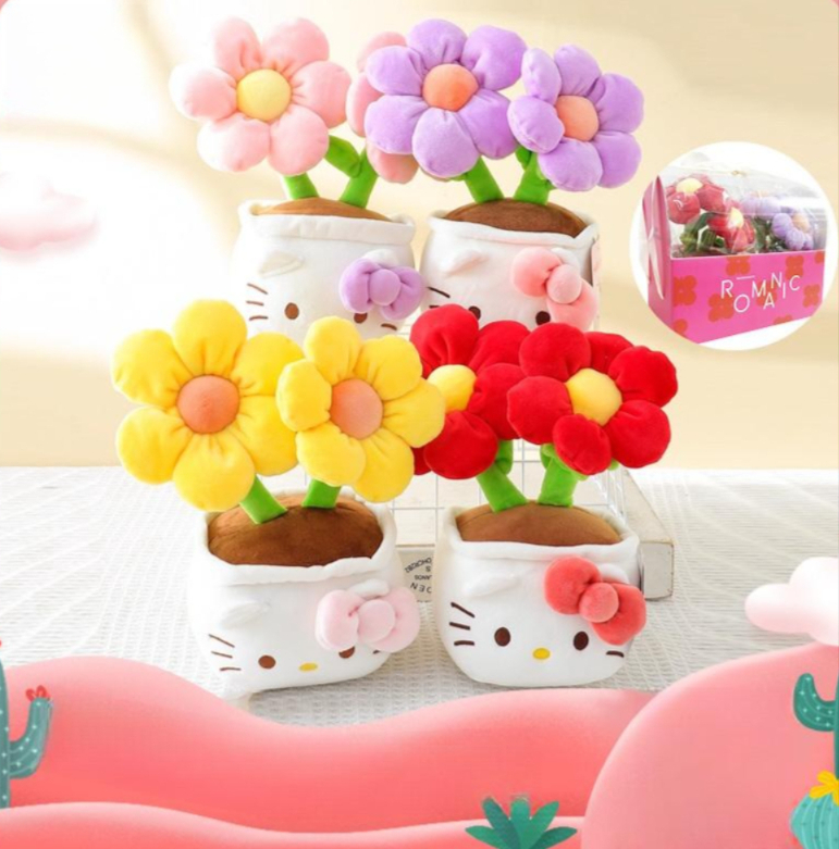 헬로키티 화분 봉제 인형 꽃 생일 선물 데스크탑 장식 인테리어 소품 산리오 거실 책상 레드 플라워 (25cm) - 상품 이미지