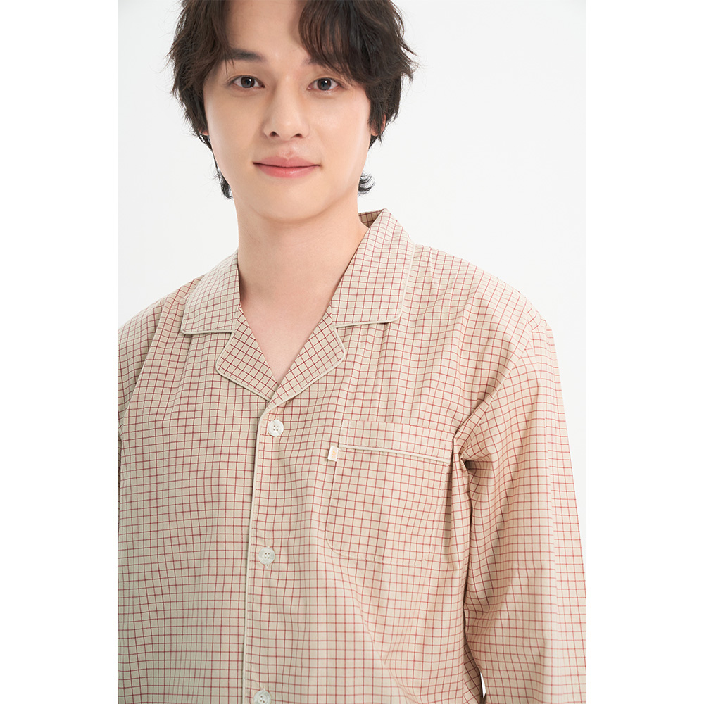베이지체크 남성 긴팔 순면 잠옷 홈웨어 파자마 세트 - 상세 이미지 5