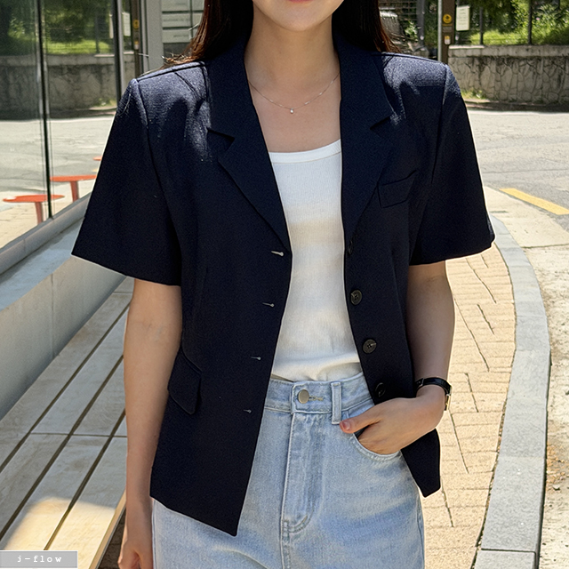 베이드 4버튼 싱글 카라 반팔 자켓 3col 여름 봄 오버핏 클래식 오피스 절개 제이플로우 - 상세 이미지 2