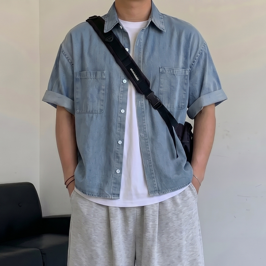 남자청남방 남자반팔셔츠 남성데님셔츠 - 상품 이미지