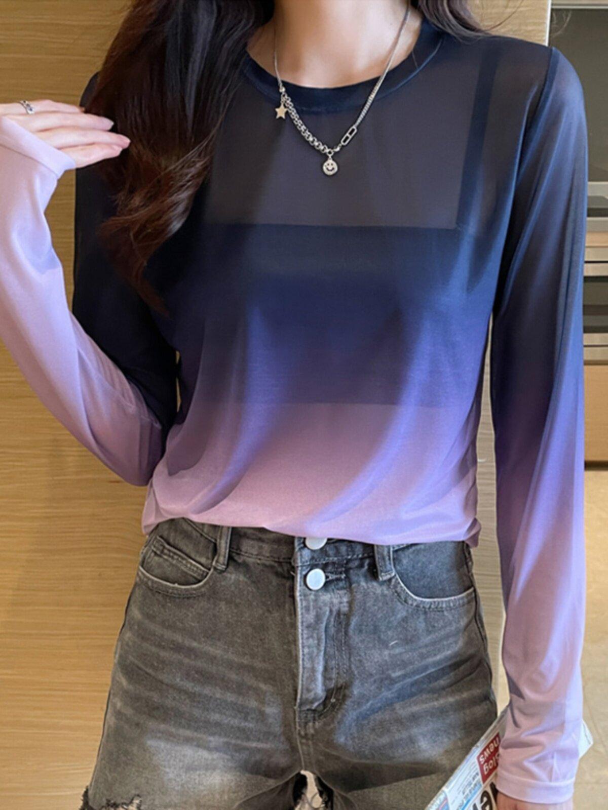 그라데이션 시스루 긴팔 티셔츠 컬러 무드 여름 라인댄스복 비치룩 방송댄스 줌바 에어로빅 - 상세 이미지 3