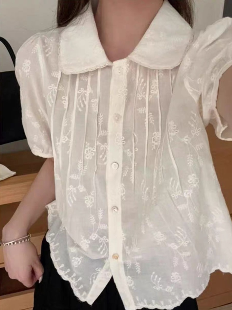 플라워자수 둥근세라카라 핀턱 코튼블라우스 여성 여름 펀칭면 반팔블라우스 - 상세 이미지 3