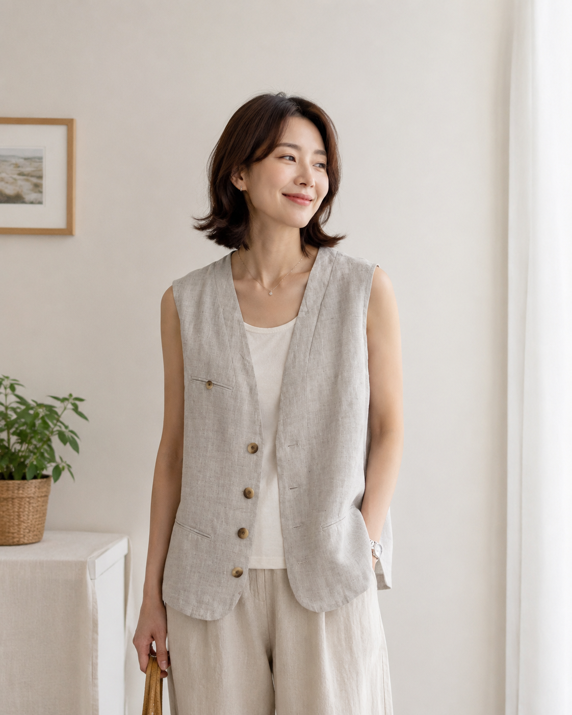 여성 여름 린넨 민소매 베스트 브이넥 루즈핏 레이어드 나시 조끼 내추럴리넨 2XL [67.5-75kg] - 상품 이미지