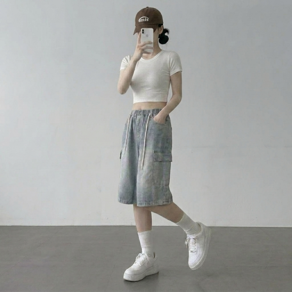 버뮤다청반바지 데님버뮤다팬츠 7부청바지 밴딩청반바지 - 상세 이미지 4