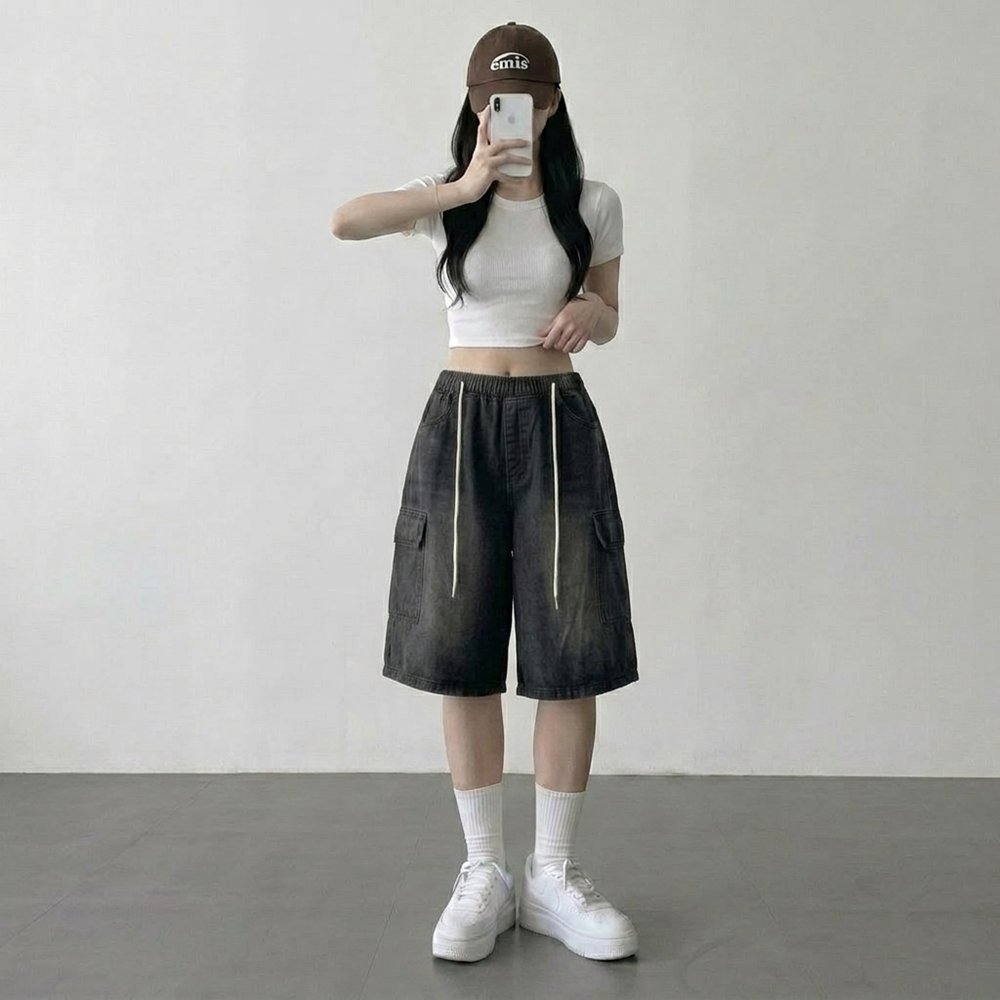 버뮤다청반바지 데님버뮤다팬츠 7부청바지 밴딩청반바지 - 상세 이미지 3