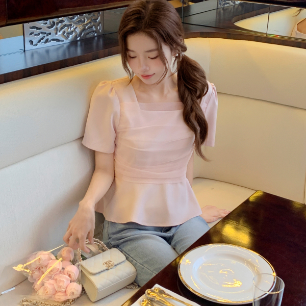 (국내제작) 샤 셔링 레이어드 스퀘어넥 블라우스 bs8712 - 상품 이미지