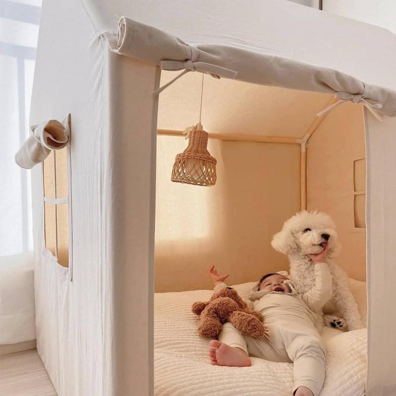 인디언텐트 소꿉놀이 아이방 강아지 반려동물 숨숨집 원목 베이지 텐트 스트링 110x80x120cm - 상세 이미지 4
