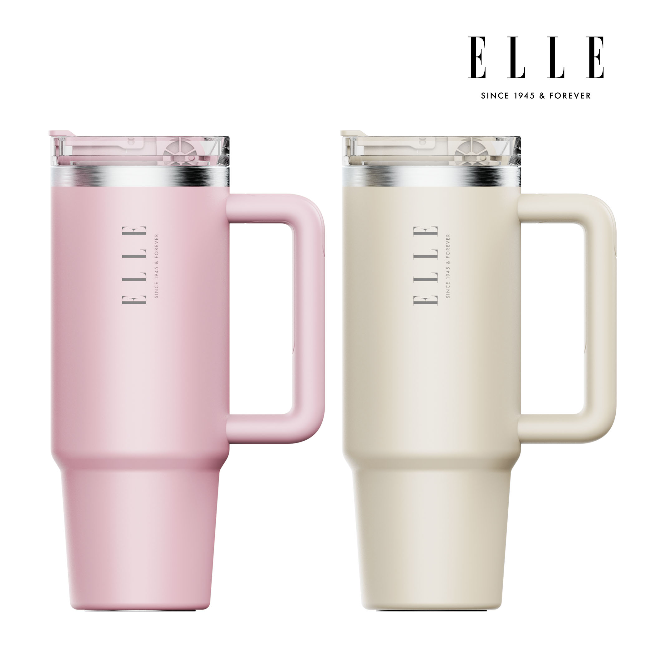 엘르 시그니처 텀블러 대용량 차량용 스텐 1+1 900ml, 핑크+크림, 1개 - 상품 이미지