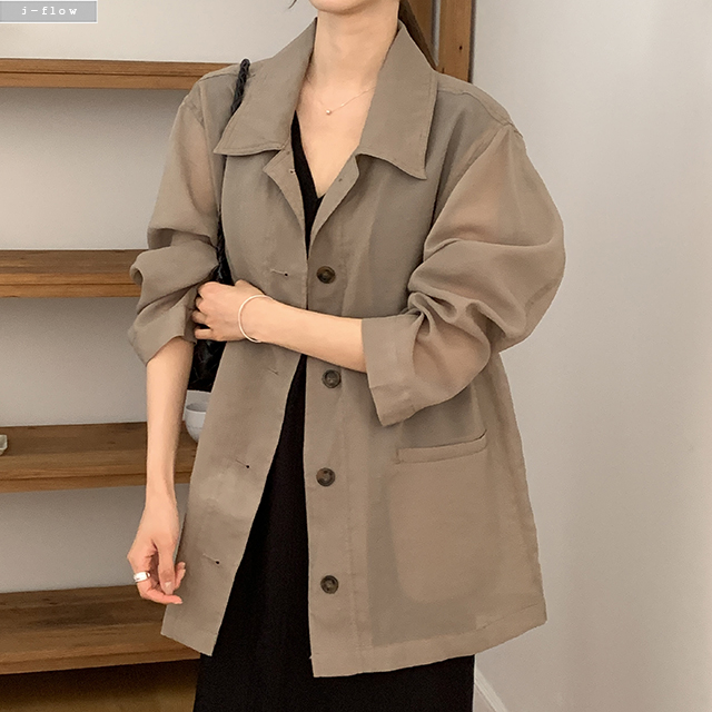 타오 오버핏 카라넥 린넨 야상 자켓 3col 봄 여름 아우터 하프 벨트 선스크린 제이플로우 - 상품 이미지