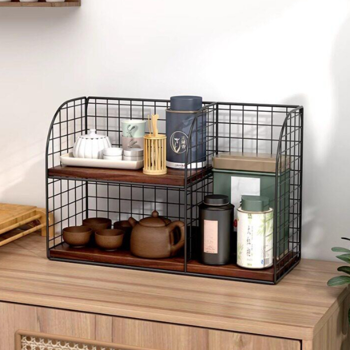 주방 미니 선반 2단 철제 프레임 우드 컵정리대 그릇수납 다용도 진열대 블랙 2칸 티크 - 상세 이미지 2