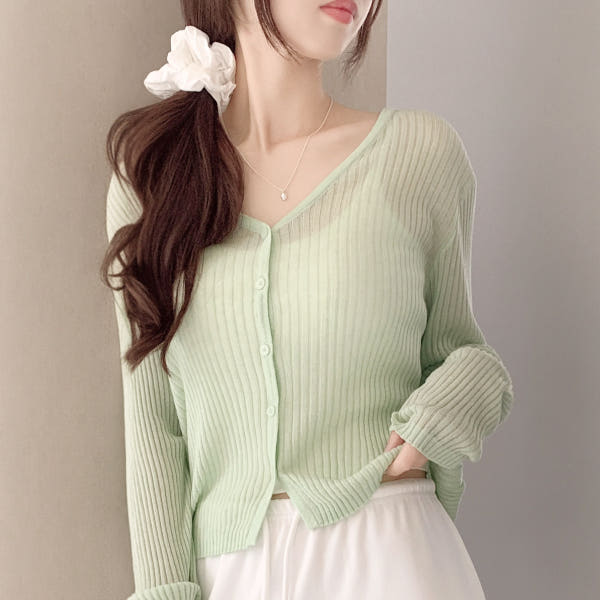 아뜨랑스 트렌드데이 골지 시스루 브이넥 여름 가디건 cd3674