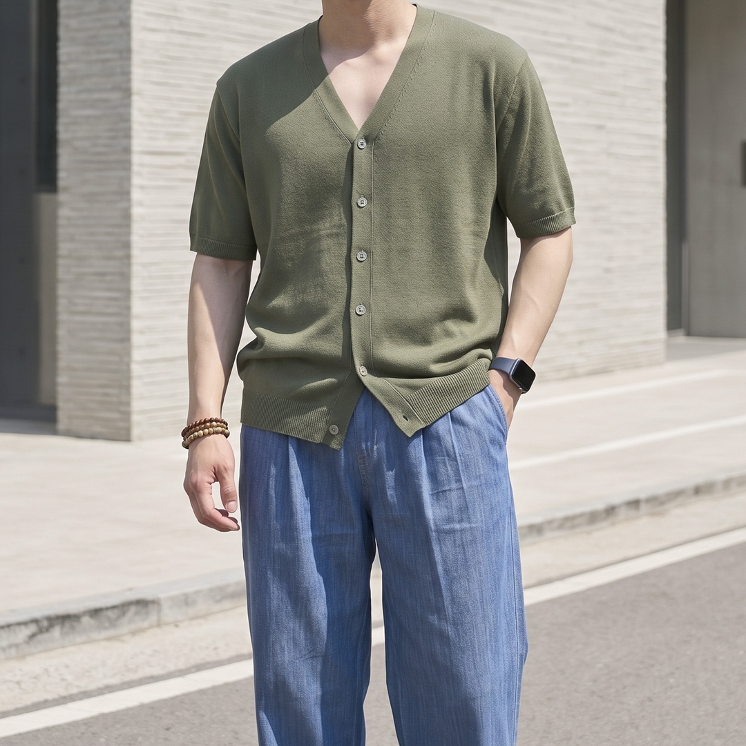 남자 린넨 텐셀 브이넥 여름 반팔 가디건 5color - 상세 이미지 4