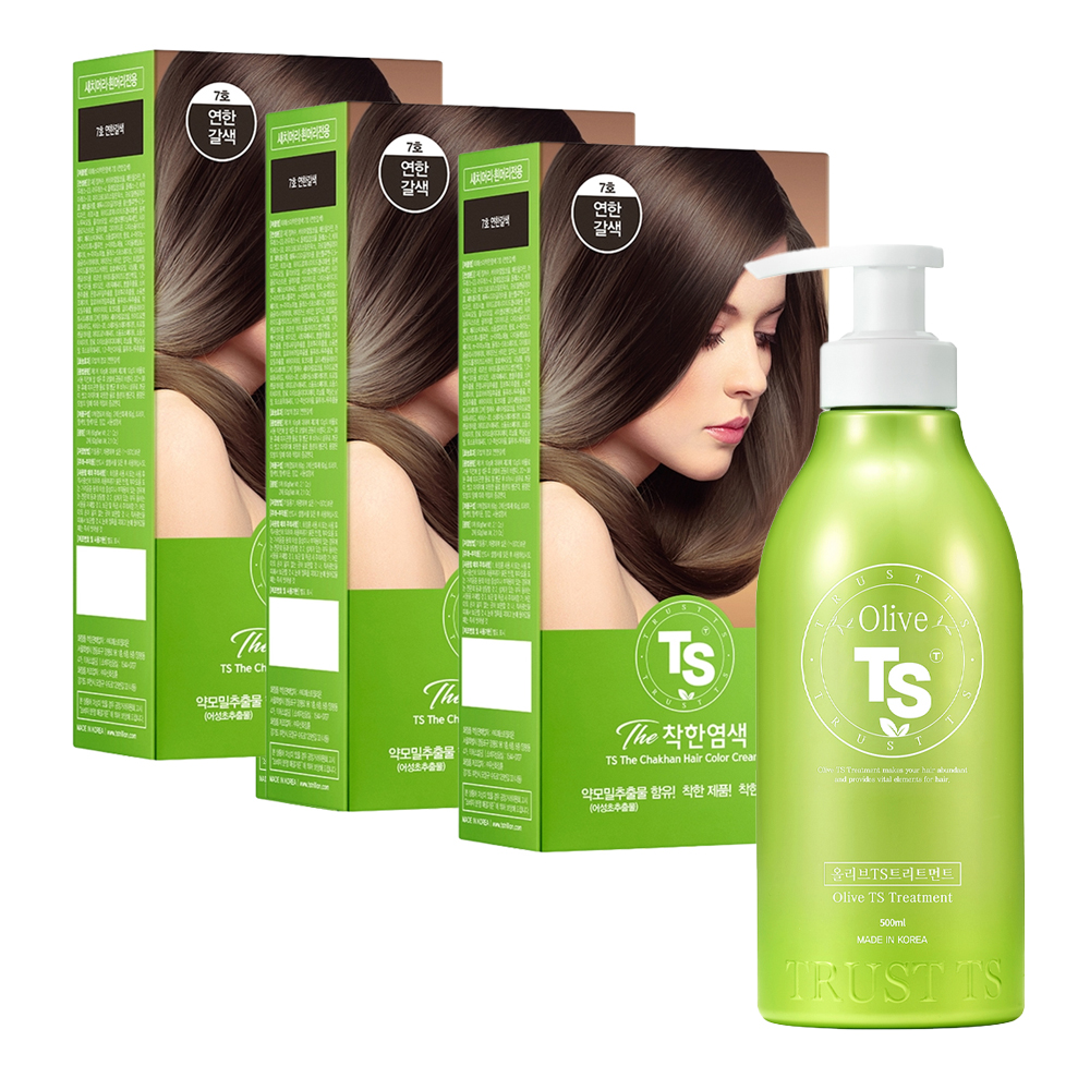 TS 더착한 염색약 120g 7호 연한갈색 3개 + TS 올리브 트리트먼트 500g - 상품 이미지