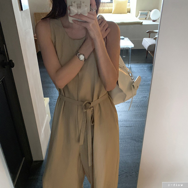미홀 실키 허리끈 U넥 민소매 맥시 점프수트 2col 여름 루즈핏 와이드 나시 제이플로우 이미지 6