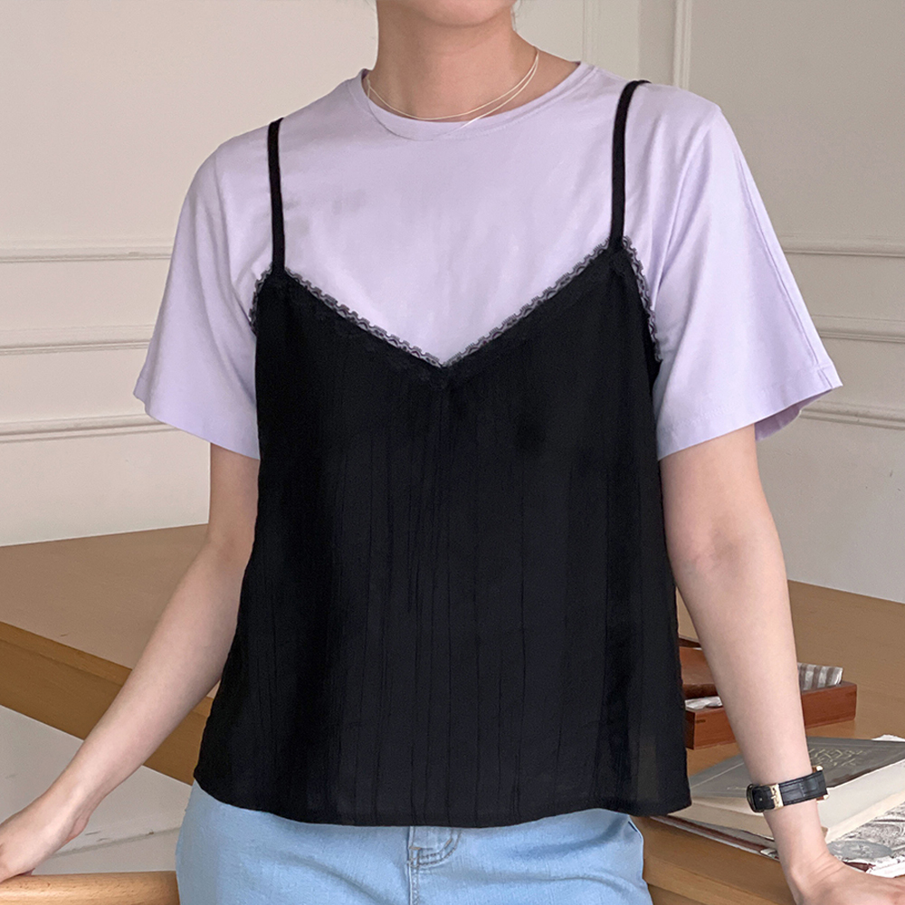 여름 뷔스티에블라우스 레이스 민소매 끈 나시 블라우스 - 상품 이미지