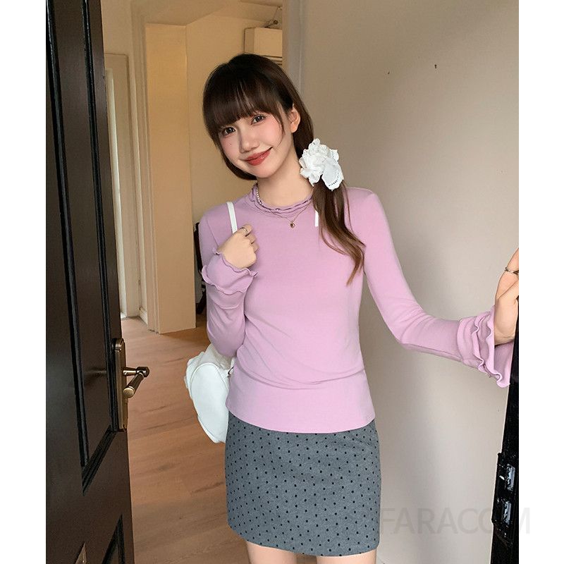 여성 페미닌 데일리 오피스룩 슬림핏 니트 쫀쫀한 목폴라 하이넥 프릴 물결 레이스 긴팔 티셔츠 이너웨어 상의 - 상세 이미지 2