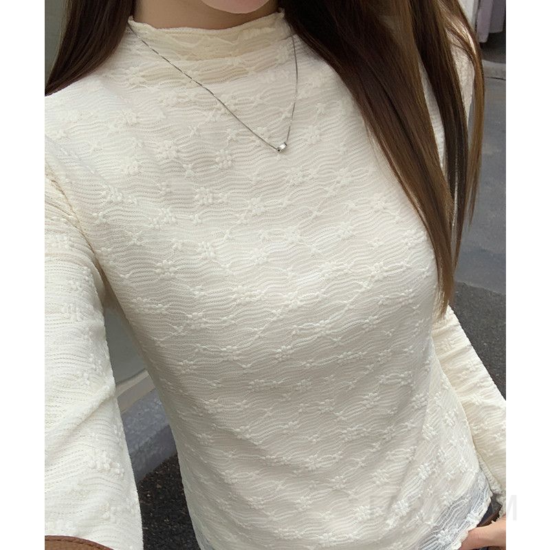 여성 심플 베이직 슬림핏 스판 레이스 하이넥 모크넥 잔꽃 패턴 시스루 이너 긴팔 티셔츠 블라우스 - 상세 이미지 4