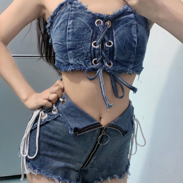 데님수영복 반바지 핫팬츠 여성 섹시한 하이 웨이스트 청바지 슬림 모노비키 - 상세 이미지 4