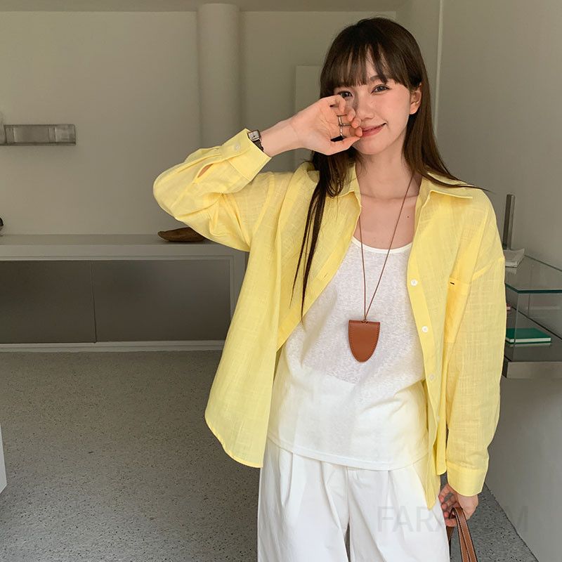 여성 데일리 캐주얼 루즈핏 코튼 포켓 자수 포인트 긴팔 셔츠 남방 - 상세 이미지 2