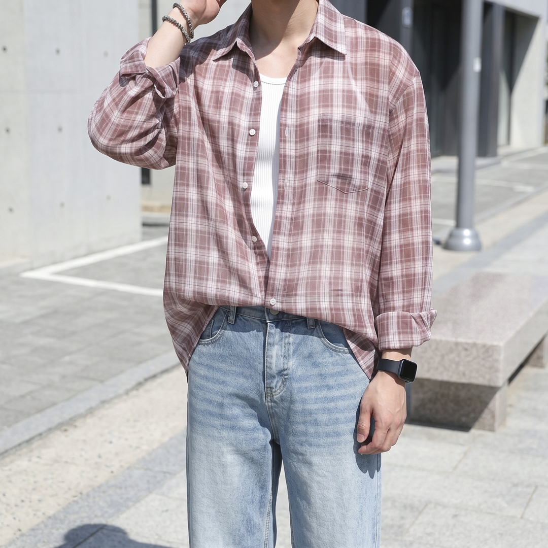 남자 에어쿨 여름 레이어드 시스루 오버핏 체크 셔츠 4color - 상세 이미지 3