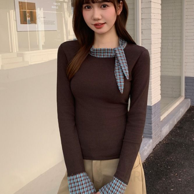 여성 데일리 페미닌 오피스룩 슬림핏 스판 골지 레이어드 체크 배색 카라 타이 스카프 긴팔 티셔츠 블라우스 - 상세 이미지 4