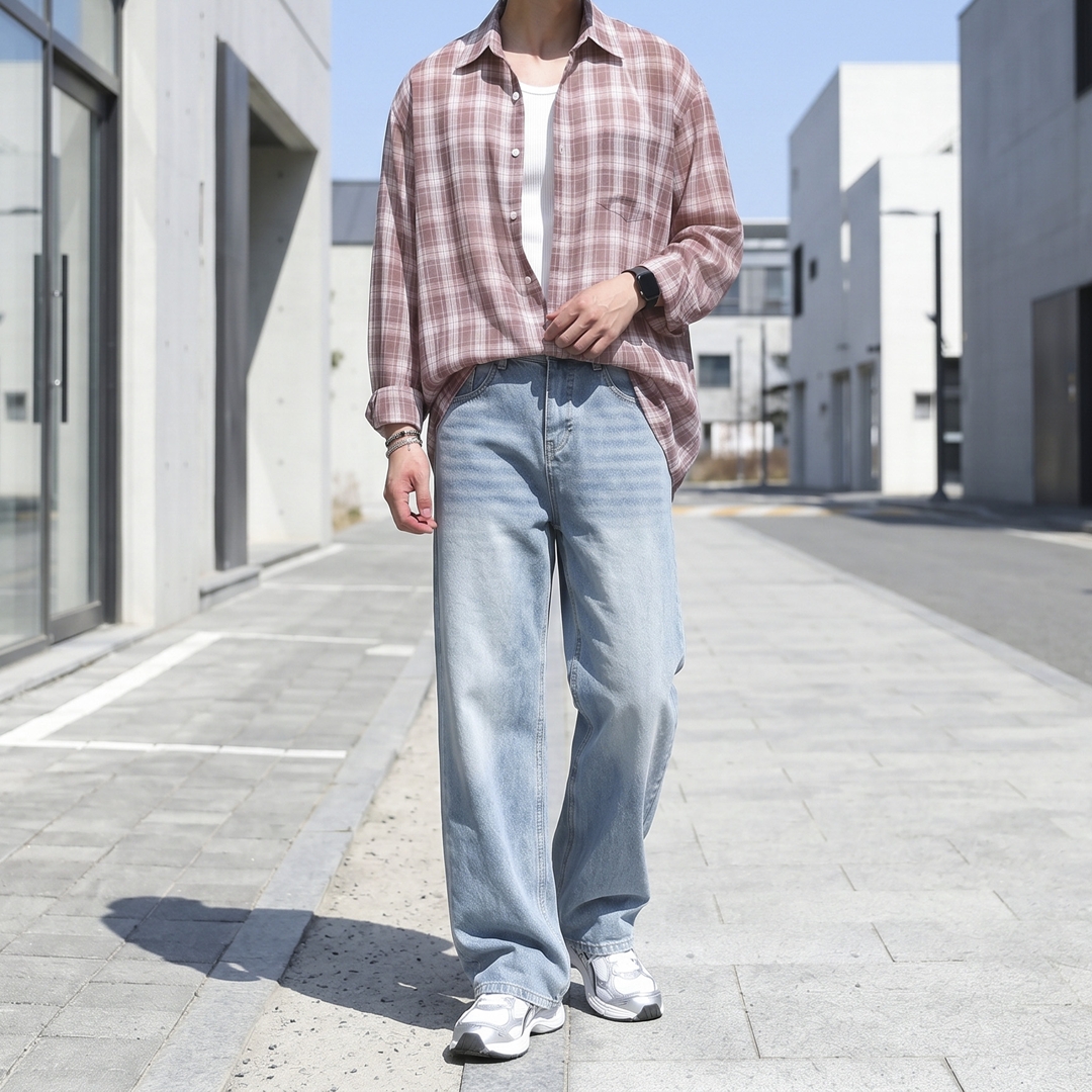 남자 에어쿨 여름 레이어드 시스루 오버핏 체크 셔츠 4color 이미지 7