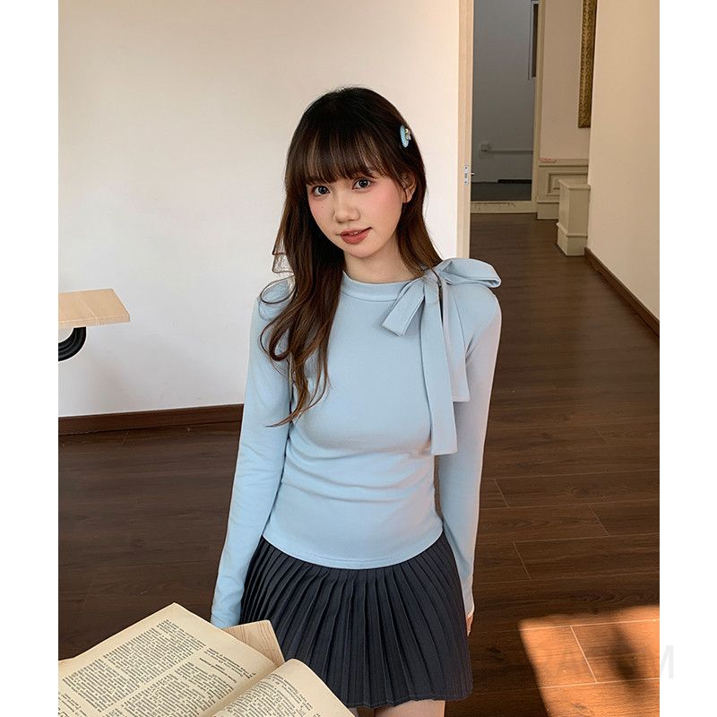 여성 페미닌 무드 슬림핏 쫀쫀한 스판 리본타이 디테일 롱슬리브 긴팔 티셔츠 오피스룩 하객룩 이미지 7