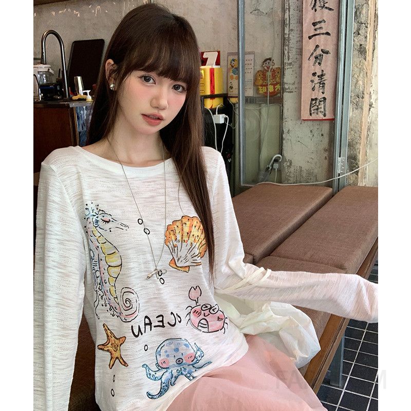 여성 캐주얼 루즈핏 코튼 혼방 오션 프린팅 긴팔 티셔츠 라운드넥 데일리룩 - 상세 이미지 4