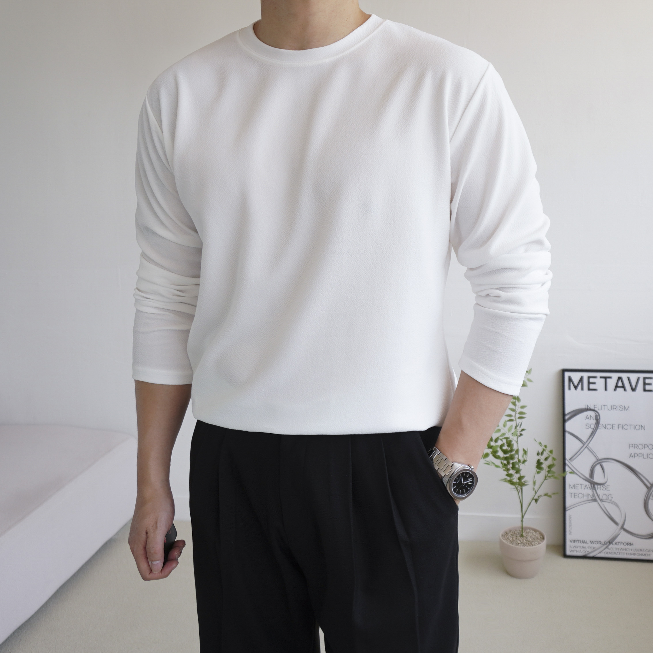 1+1 남자 구김없는 링클프리 라운드 루즈핏 머슬핏 긴팔 티셔츠 8color - 상세 이미지 2