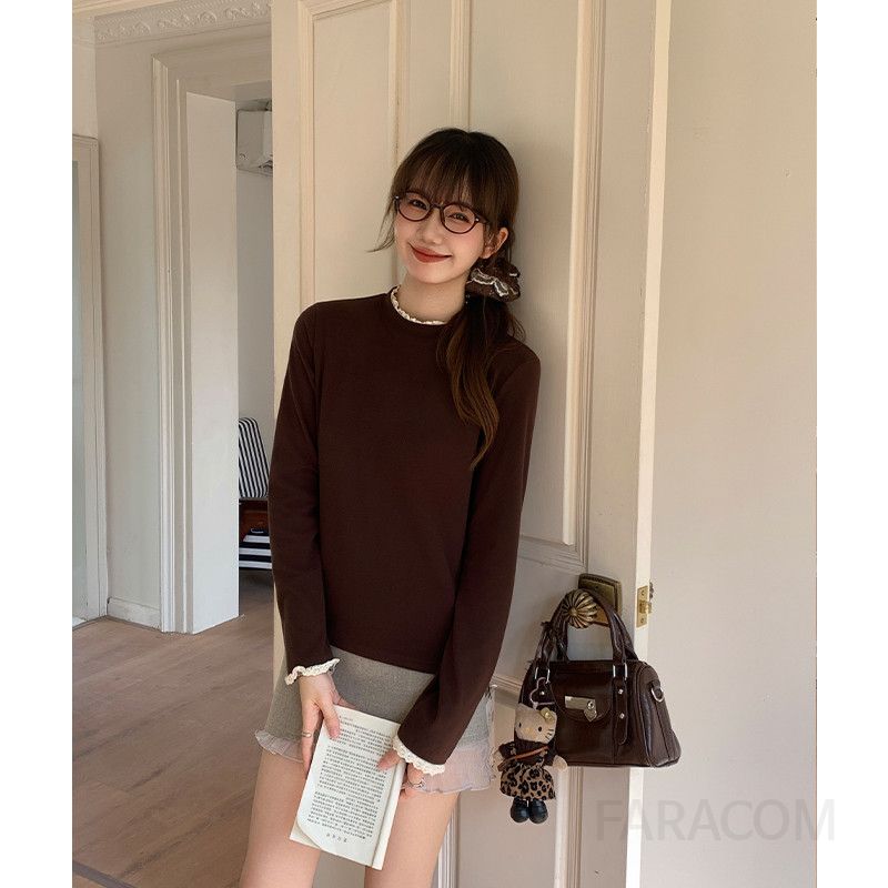 여성 데일리 심플 오피스룩 슬림핏 소프트 스판 니트 레이스 하이넥 프릴 레글런 긴팔 티셔츠 - 상세 이미지 3