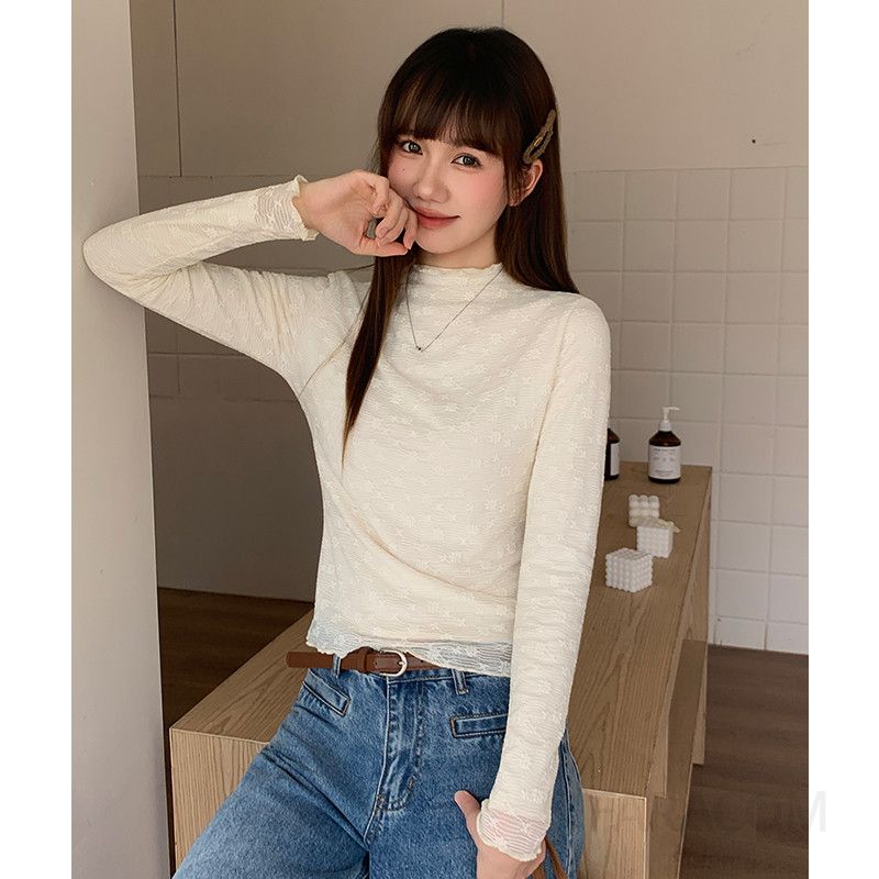 여성 심플 베이직 슬림핏 스판 레이스 하이넥 모크넥 잔꽃 패턴 시스루 이너 긴팔 티셔츠 블라우스 - 상세 이미지 5