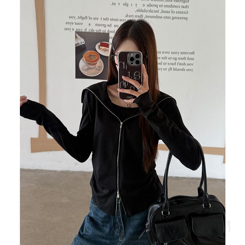 여성 심플 데일리 슬림핏 니트 지퍼 후드 가디건 레이어드 긴팔 티셔츠 오피스룩 출근룩 - 상세 이미지 5