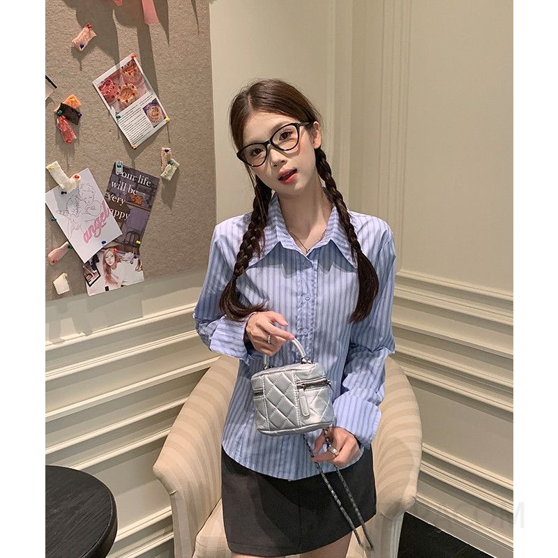 여성 오피스룩 슬림핏 코튼 스트라이프 셔츠 카라 긴팔 남방 하객룩 직장인룩 베이직 이미지 6