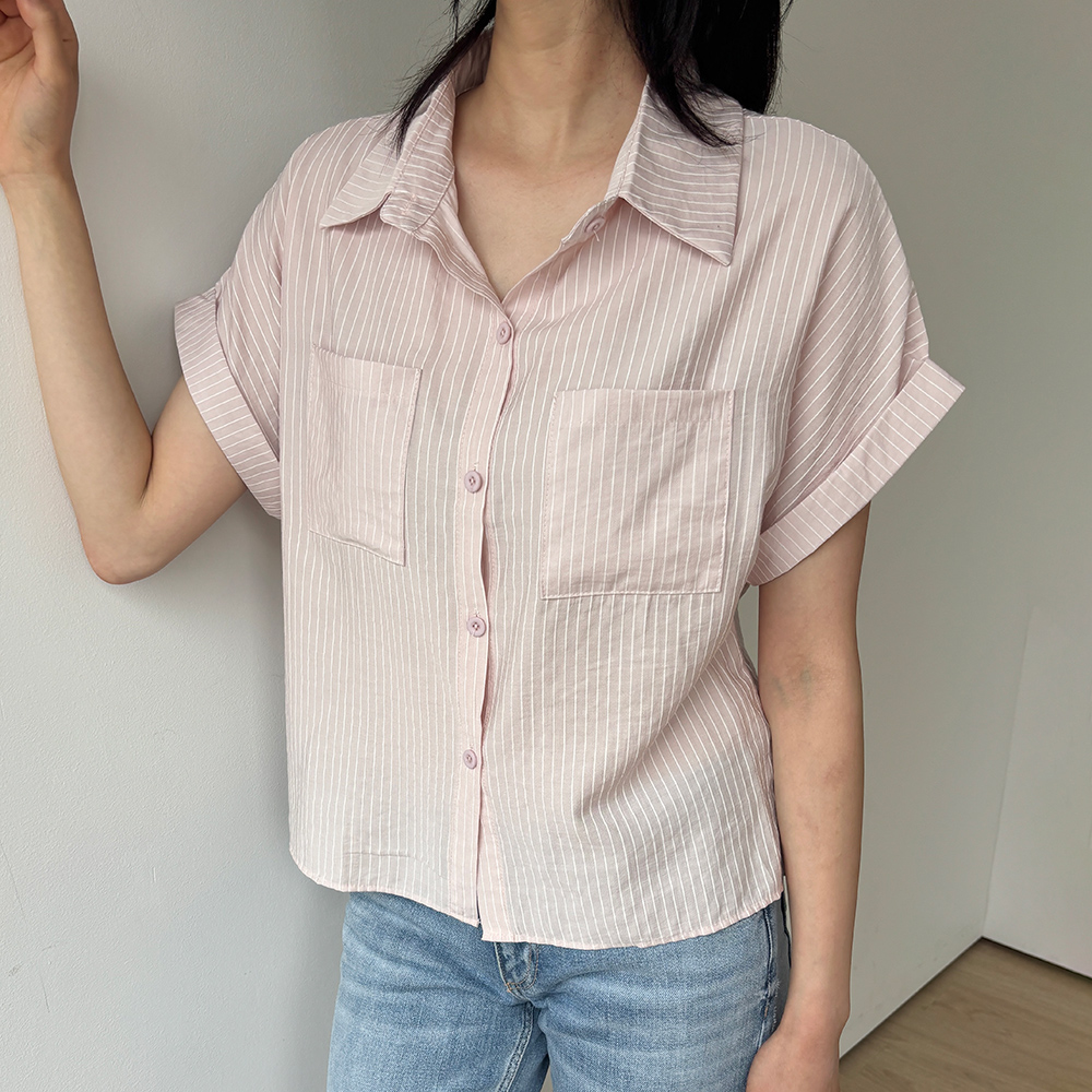 포켓 여름 스트라이프 카라 반팔 셔츠 여성 롤업 오버핏 남방 마농 - 상세 이미지 2