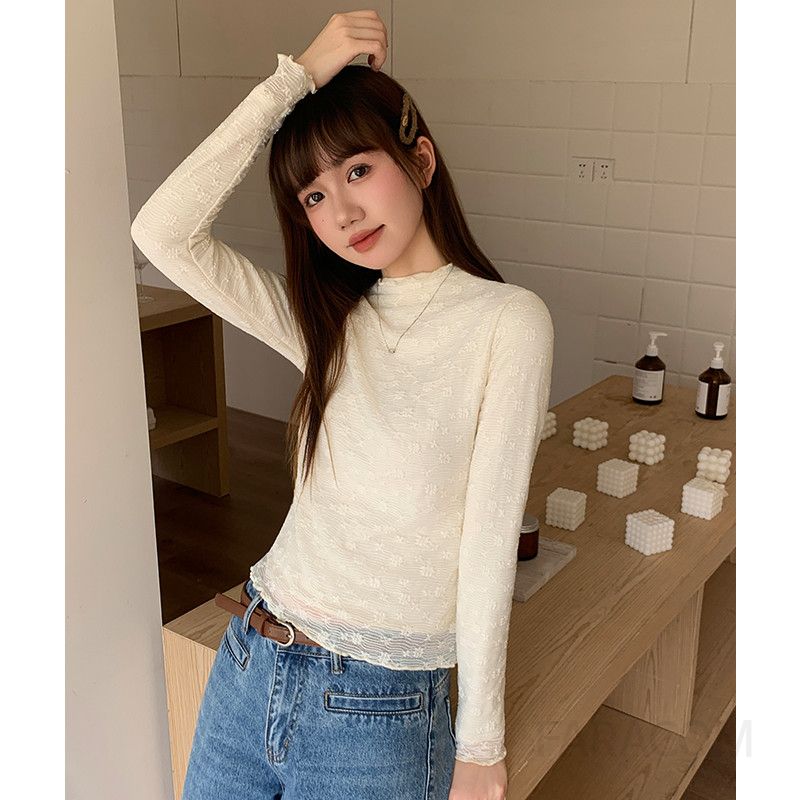 여성 심플 베이직 슬림핏 스판 레이스 하이넥 모크넥 잔꽃 패턴 시스루 이너 긴팔 티셔츠 블라우스 - 상세 이미지 3
