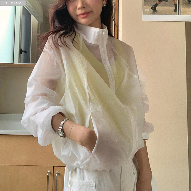 와핀 여름 스탠드 집업 바람막이 점퍼 2col 여름 얇은 오버핏 시스루 밴딩 제이플로우 - 상품 이미지