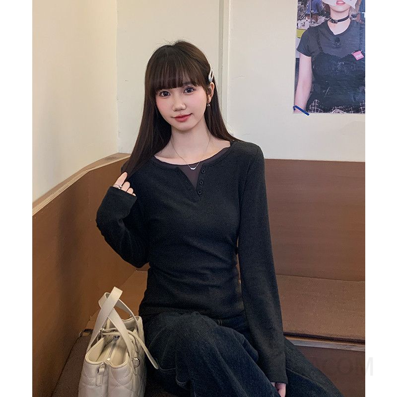 여성 데일리 미니멀 슬림핏 골지 니트 헨리넥 배색 시스루 망사 레이어드 긴팔 티셔츠 상의 - 상세 이미지 4