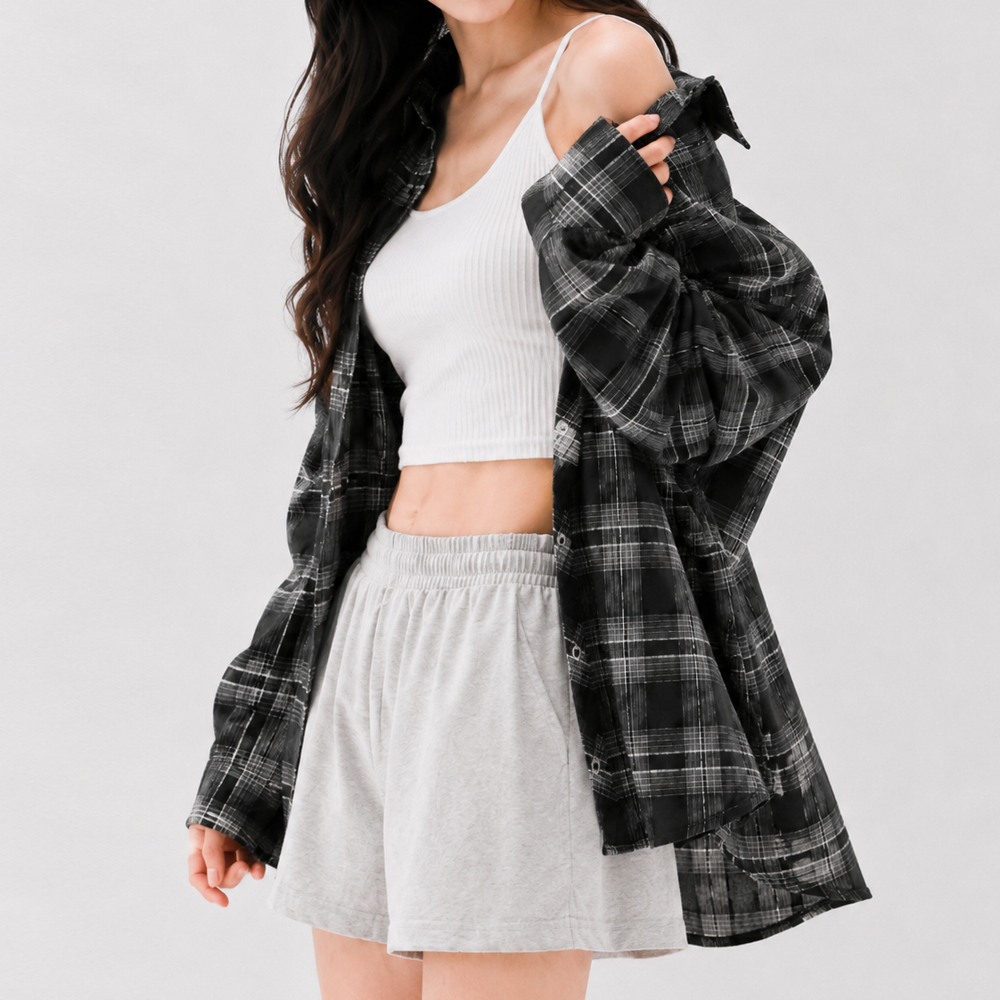 살안타템 여성 여름 린넨 거즈 루즈핏 여자 체크셔츠 시스루 커버업 오버핏 롱 남방 - 상품 이미지