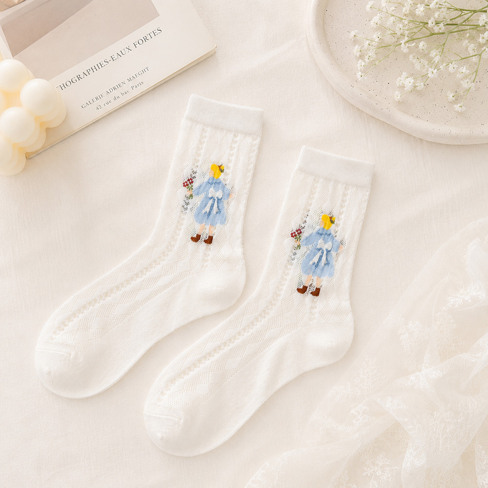 여름양말 여성 패션양말세트 긴목 중목 캐릭터 자수 망사 시스루 데일리 시스루소녀펀칭(L026), 5켤레 이미지 2