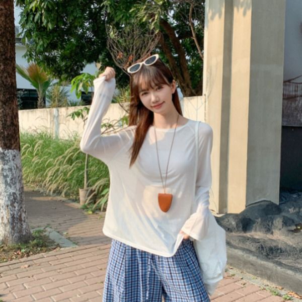 여성 캐주얼 내추럴 텐셀 라운드넥 긴팔 루즈핏 크롭 티셔츠 데일리 베이직 무지 얇은 가벼운 시원한 이너 상의 - 상품 이미지