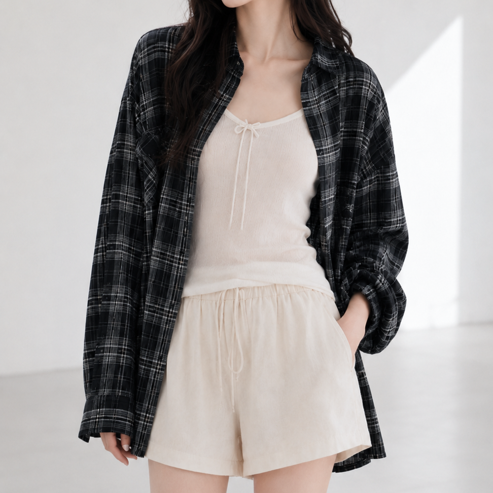 살안타템 여성 여름 린넨 거즈 루즈핏 여자 체크셔츠 시스루 커버업 오버핏 롱 남방 - 상세 이미지 3