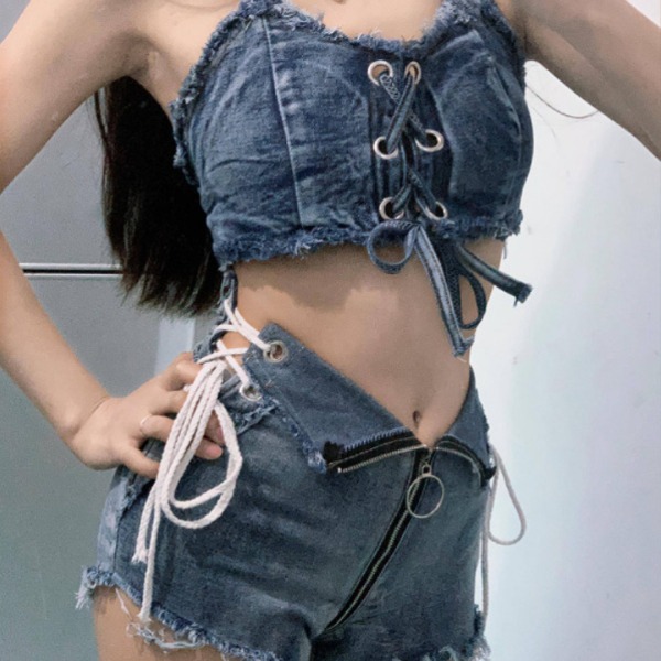데님수영복 반바지 핫팬츠 여성 섹시한 하이 웨이스트 청바지 슬림 모노비키 - 상품 이미지
