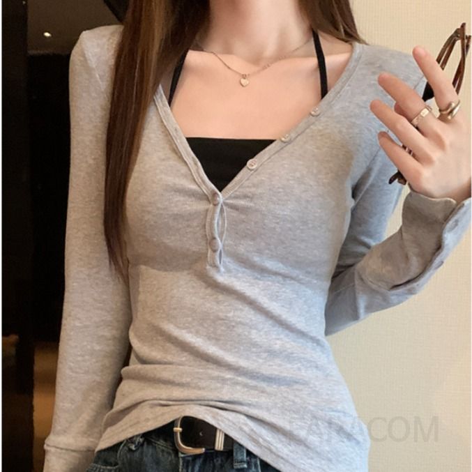 여성 캐주얼 슬림핏 골지 브이넥 단추 긴팔 티셔츠 베이직 데일리 레이어드 상의 - 상품 이미지