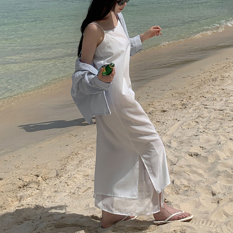 여름 쉬폰 레이어드 뷔스티에 롱 원피스 사이드 트임 이미지 6