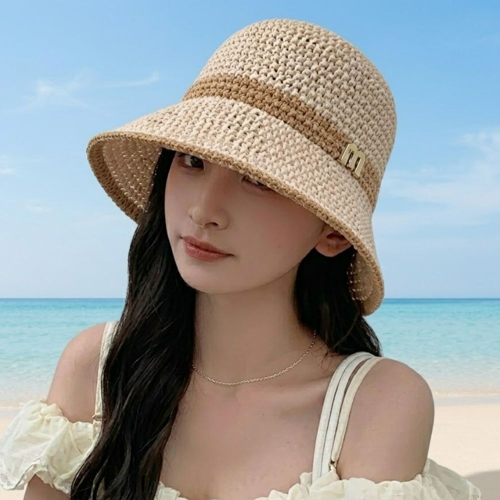 라탄버킷햇 창넓은여자모자 여름뜨게모자 여성휴양지 산책 - 상품 이미지