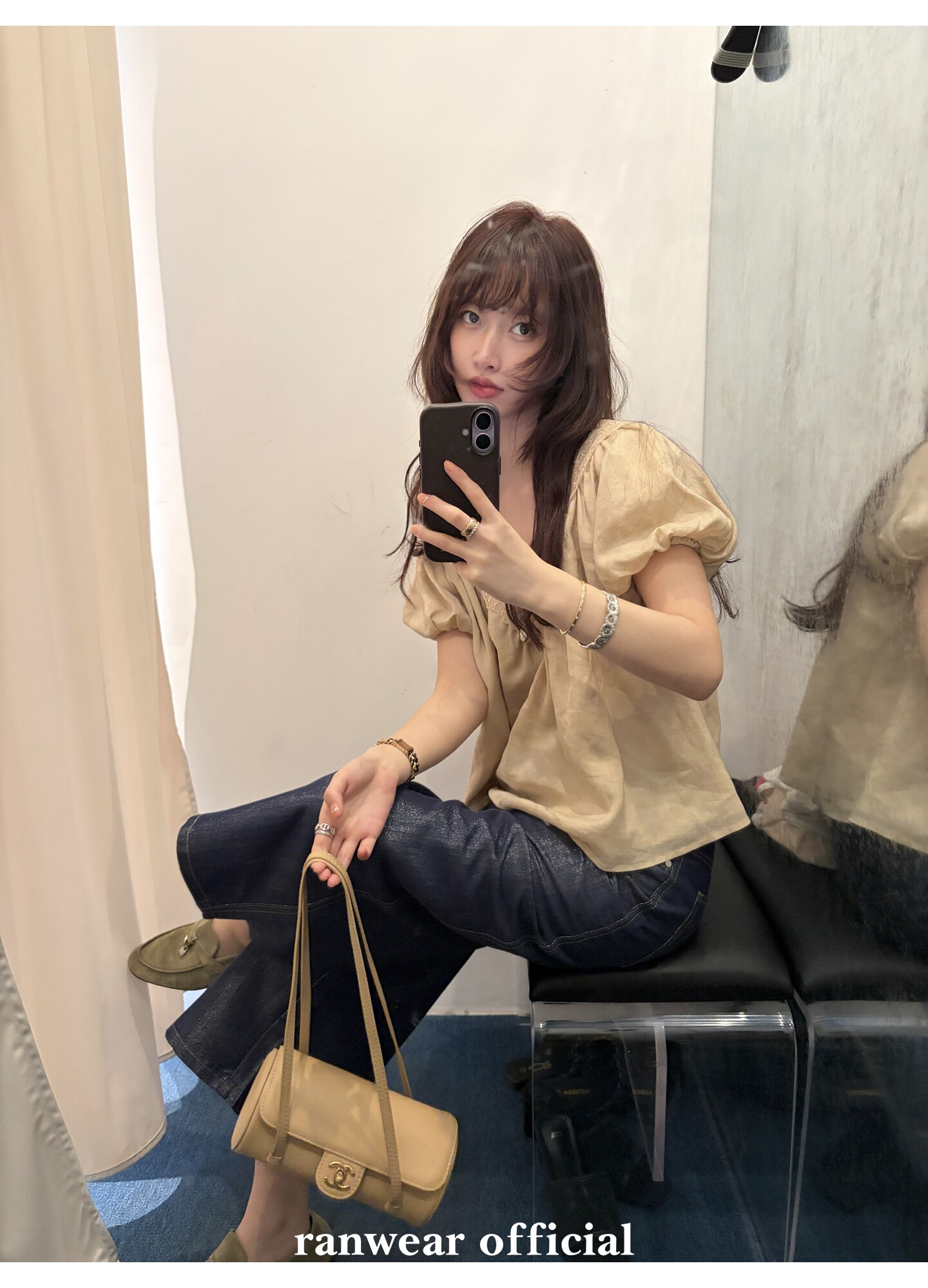 Ranwear 여성 여름블라우스 반팔 퍼프소매 레이스 브이넥 텐셀 셔츠 블라우스 - 상품 이미지